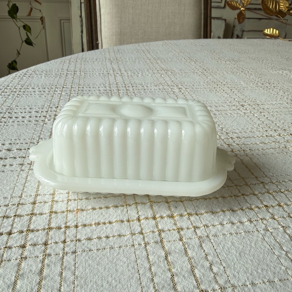 Milk Glass Butter Dish - White Ribbed Design